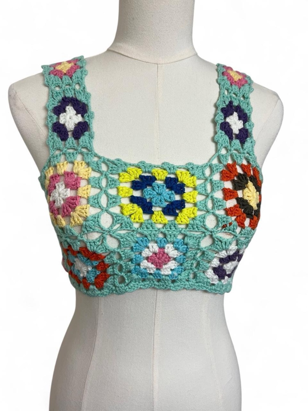 Light blue colorful crochet floral crop tank top coverup festival grandma y2k